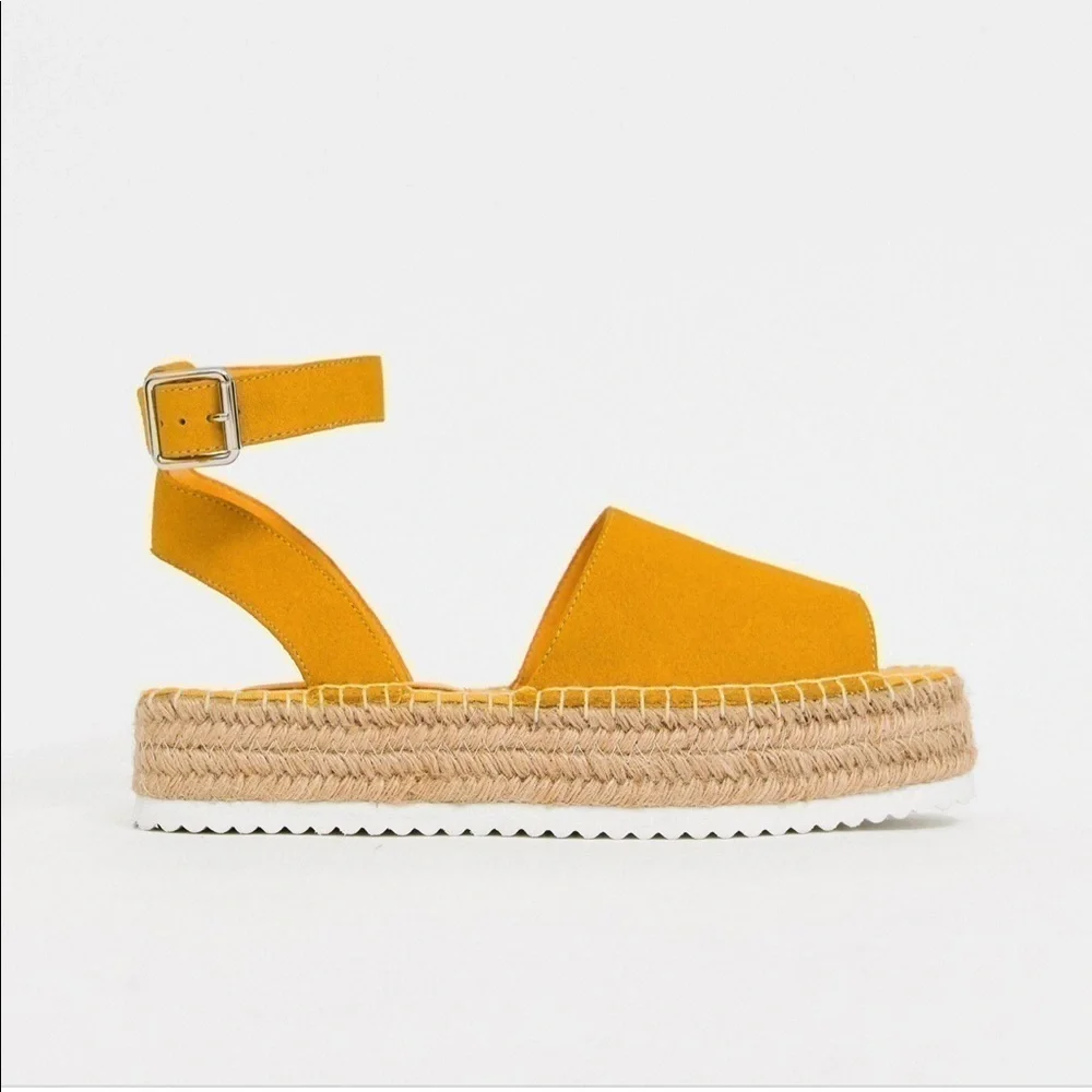 ASOS Mustard yellow strappy suede leather platform espadrille Jacoba size 7